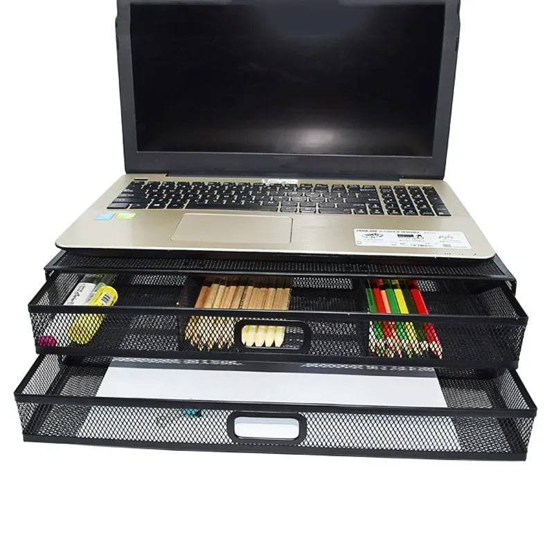 Double Iron Desktop Stand with Drawer for Height Increase and Storage - Black