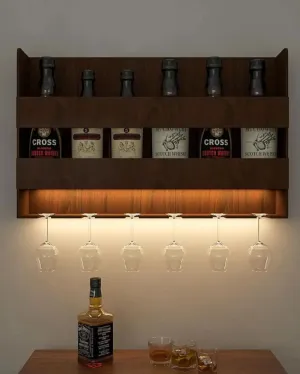 Dusky Sturdy Backlit Wooden Bar Wall Shelf With Light Walnut Finish | 24 X 15 inches
