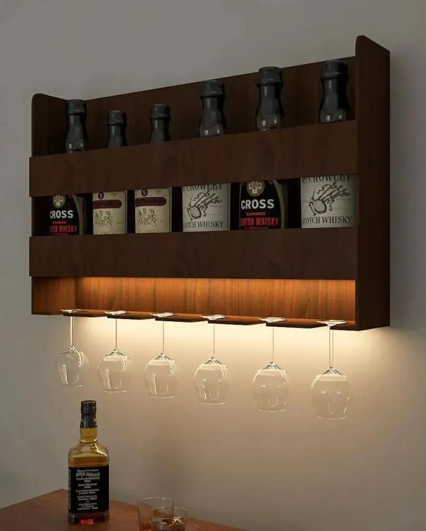 Dusky Sturdy Backlit Wooden Bar Wall Shelf With Light Walnut Finish | 24 X 15 inches