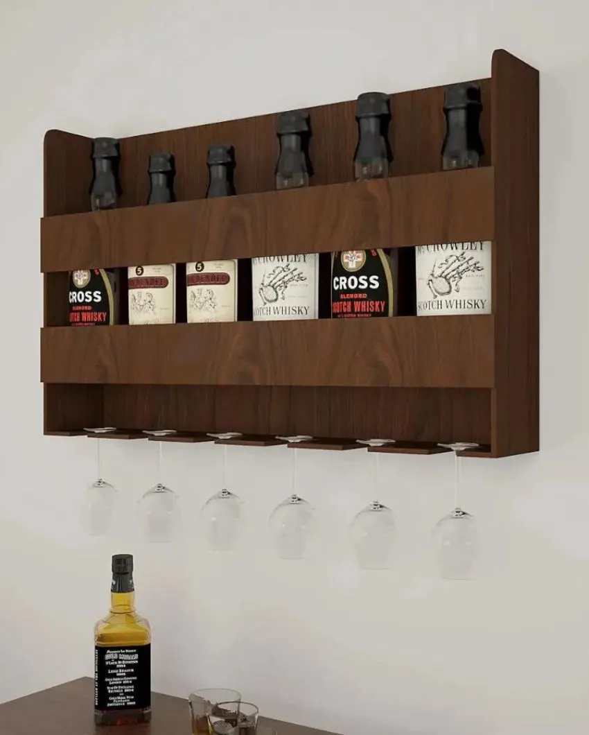 Dusky Sturdy Backlit Wooden Bar Wall Shelf With Light Walnut Finish | 24 X 15 inches