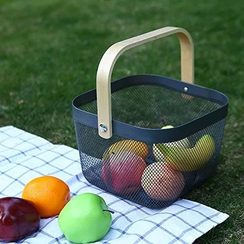 Ekhasa Metal Mesh Basket with Handle (26*25*18 cm, Black) | Multi Use as Fruit Basket, Picnic Basket, Gift Basket, Pooja Basket, Temple Basket, Kitchen Organizer, Book Storage Basket, Shopping Basket