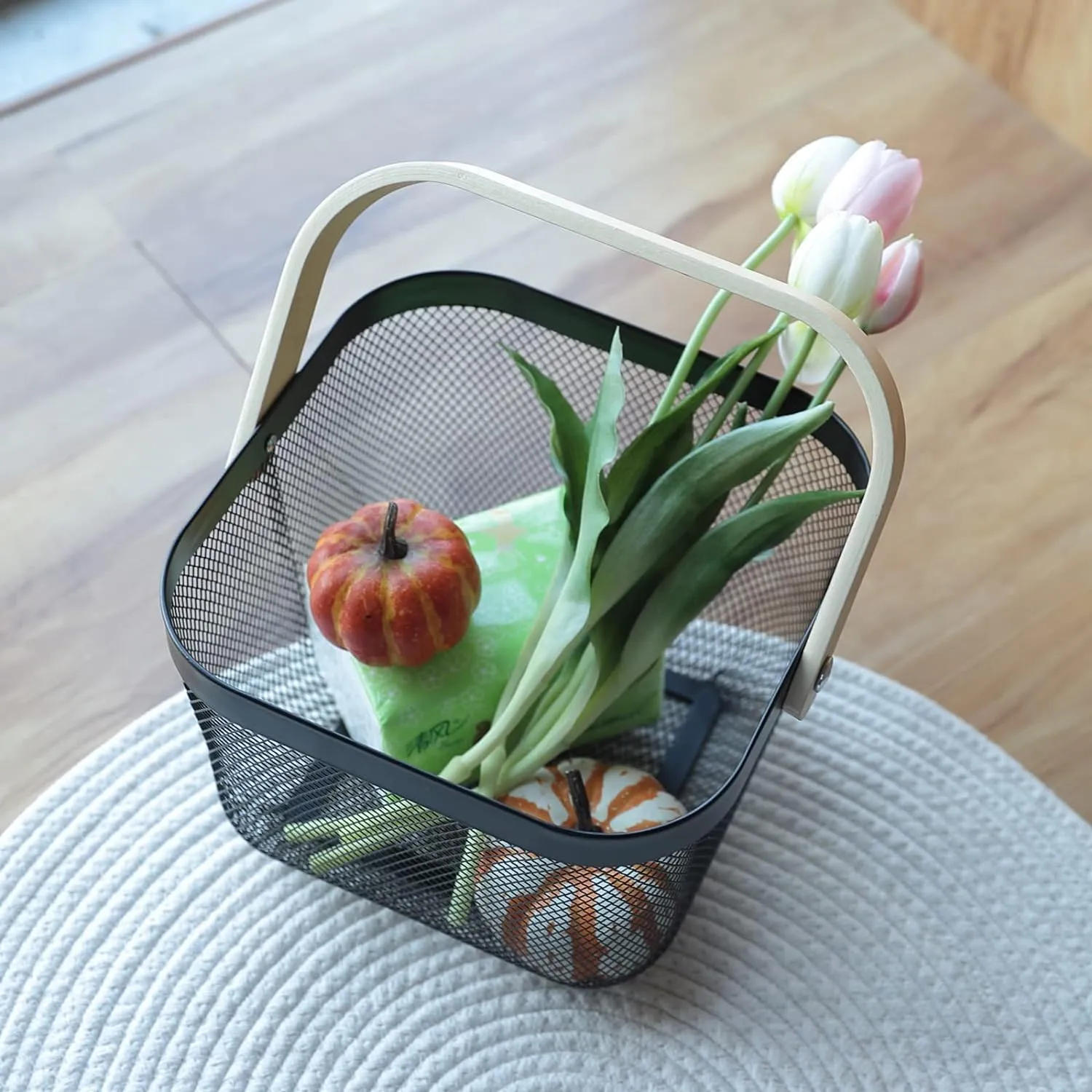 Ekhasa Metal Mesh Basket with Handle (26*25*18 cm, Black) | Multi Use as Fruit Basket, Picnic Basket, Gift Basket, Pooja Basket, Temple Basket, Kitchen Organizer, Book Storage Basket, Shopping Basket
