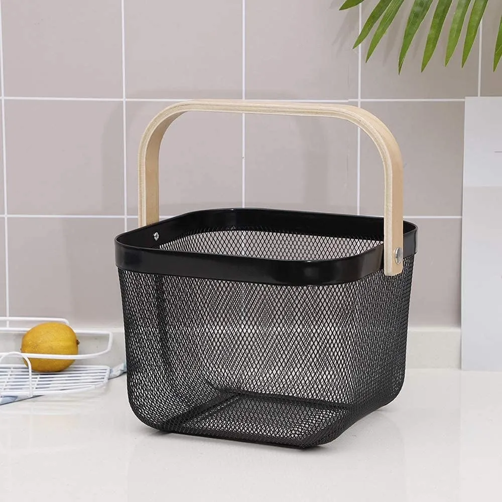 Ekhasa Metal Mesh Basket with Handle (26*25*18 cm, Black) | Multi Use as Fruit Basket, Picnic Basket, Gift Basket, Pooja Basket, Temple Basket, Kitchen Organizer, Book Storage Basket, Shopping Basket