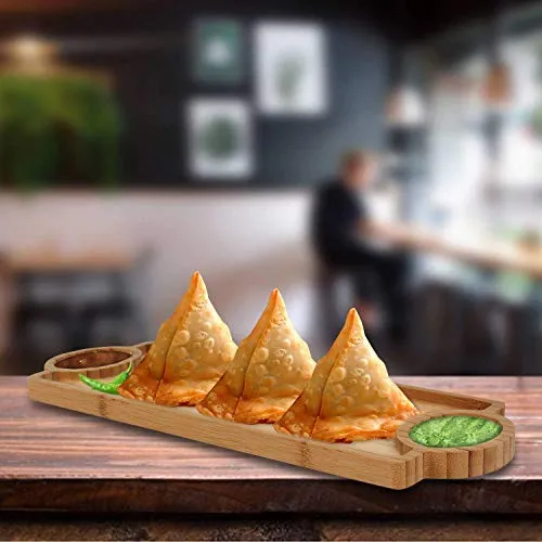 FWQPRA® Wooden Bamboo Appetizer Platter Serving Tray Chip & Dip Tray Serving Set (Pack of 1)