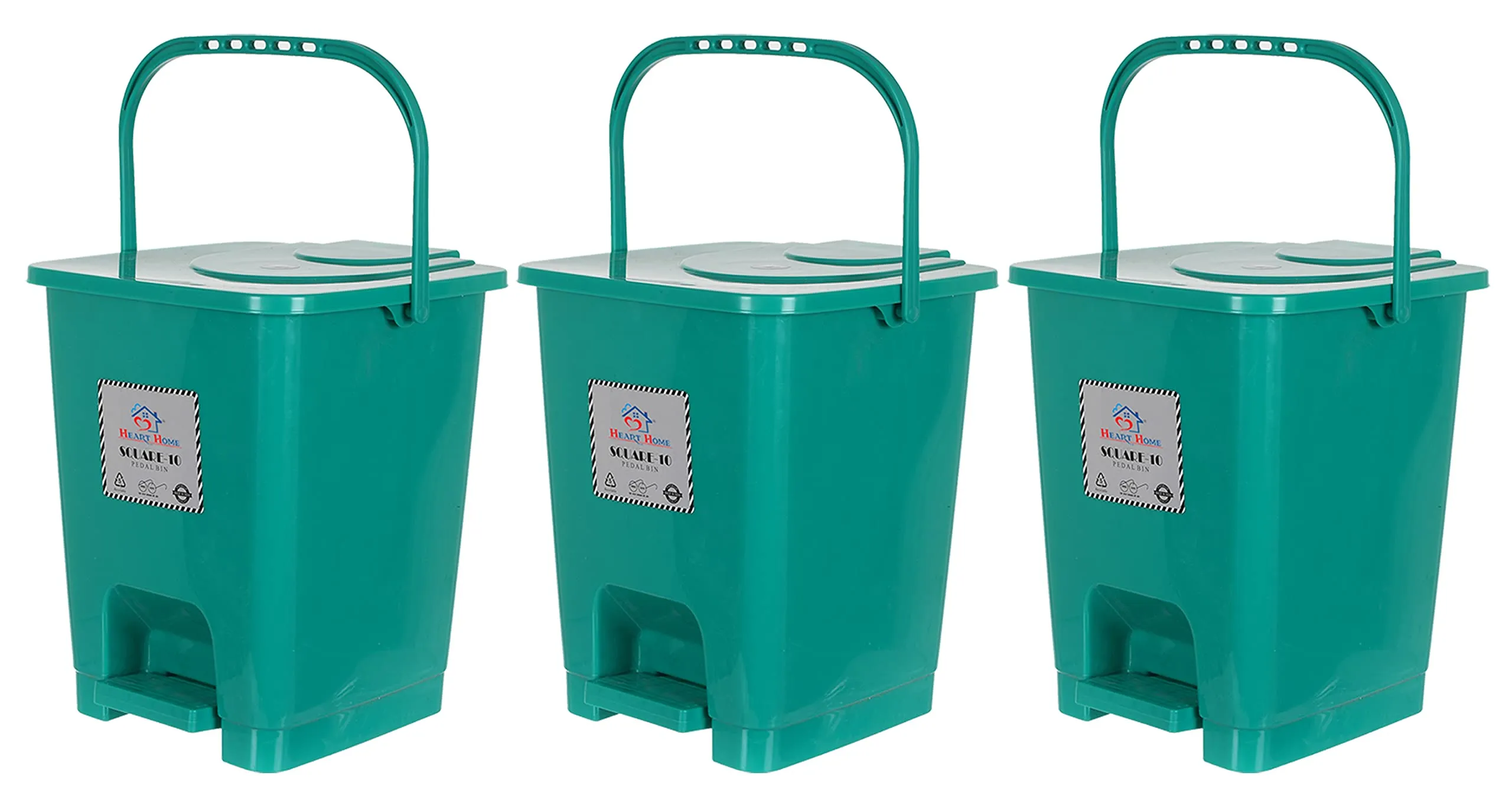 Heart Home Square Premium Plastic Pedal Dustbin with Lid for Home/Kitchen/Office 10 Ltr (Green)-Pack of 3