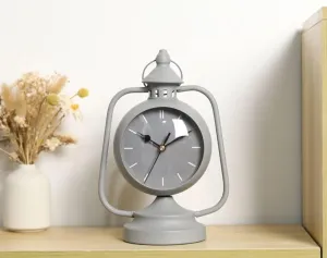 JUXORI Round Clock Battery Operated with Nightlight, Non Ticking Silent Retro Crescendo Small Simply Design Table/Desk Clock for Bedroom Living Room for Kids (Grey)