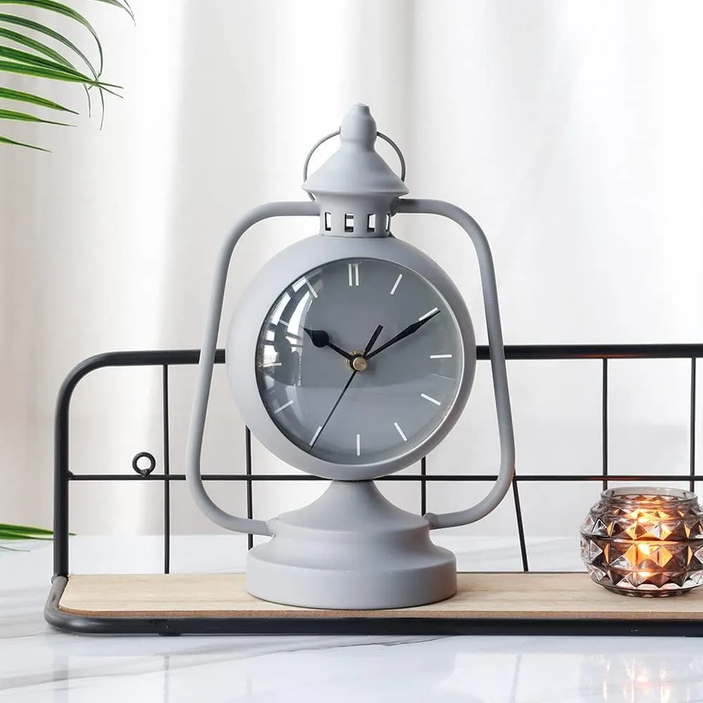JUXORI Round Clock Battery Operated with Nightlight, Non Ticking Silent Retro Crescendo Small Simply Design Table/Desk Clock for Bedroom Living Room for Kids (Grey)
