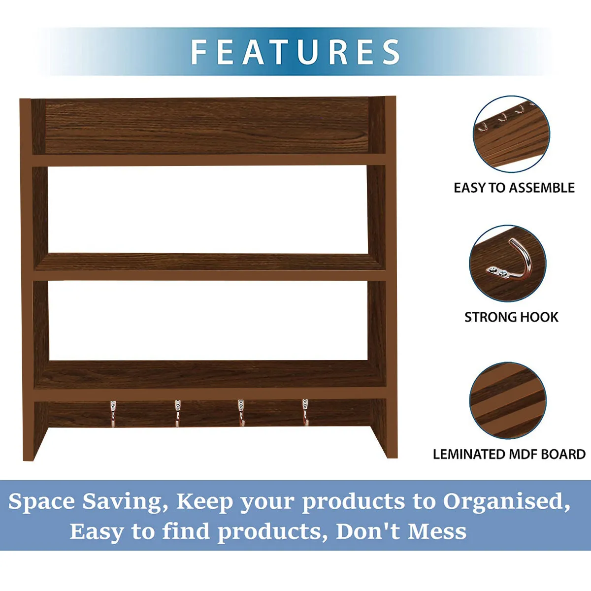 Kawachi Wooden Multipurpose Wall Mounted Bookshelf Home Decor Storage Organizer Rack with Key Hooks Brown