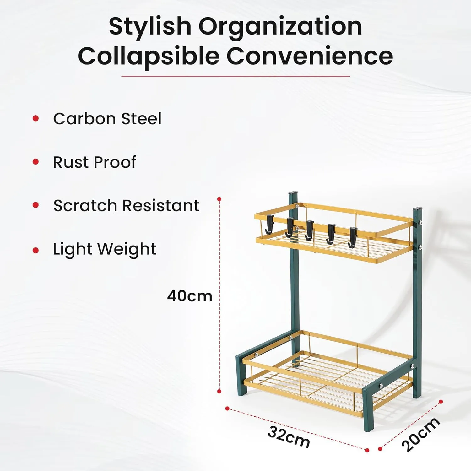 Kuber Industries 2-Layer Dish Drying Rack|Storage Rack for Kitchen Counter|Drainboard & Cutting Board Holder|Premium Utensils Basket Pack of 4 (Green & Gold)