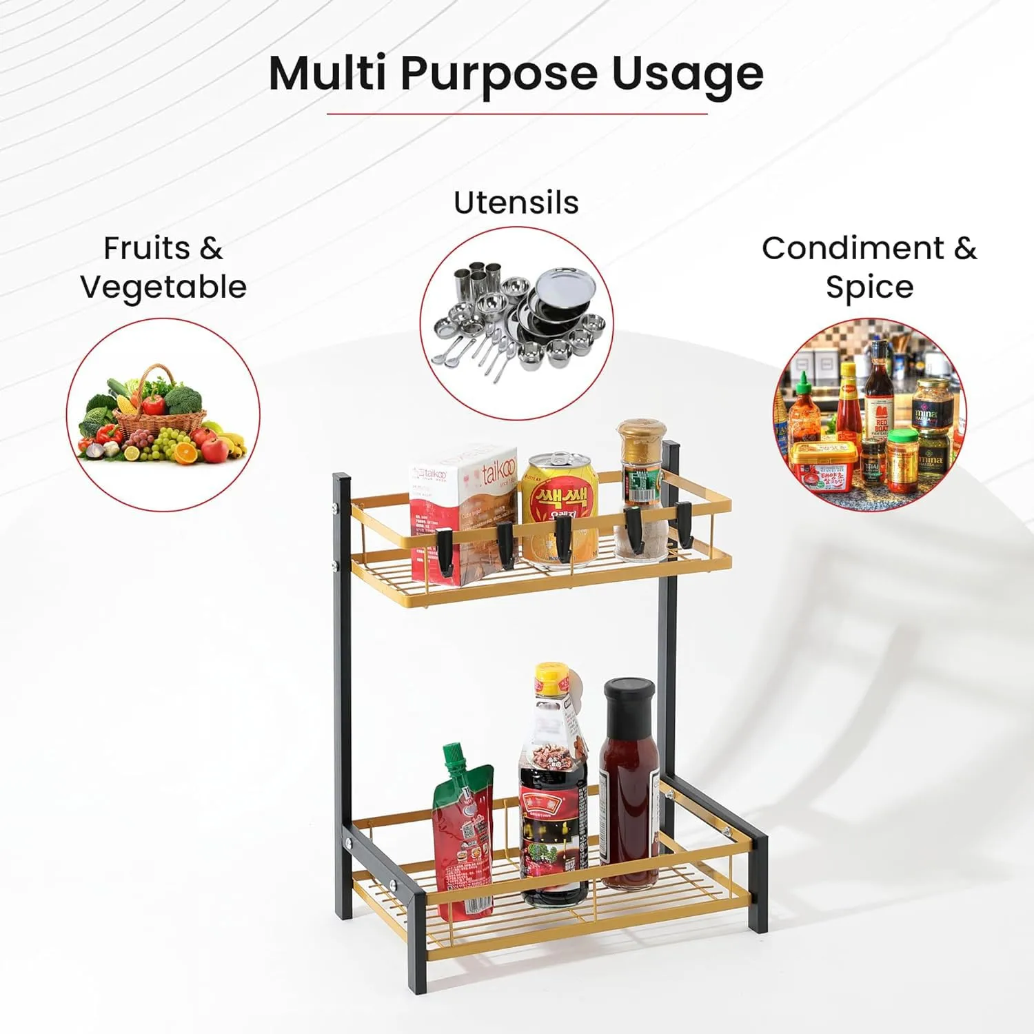 Kuber Industries 2-Layer Dish Drying Rack|Storage Rack for Kitchen Counter|Drainboard & Cutting Board Holder|Premium Utensils Basket Pack of 5 (Black & Gold)