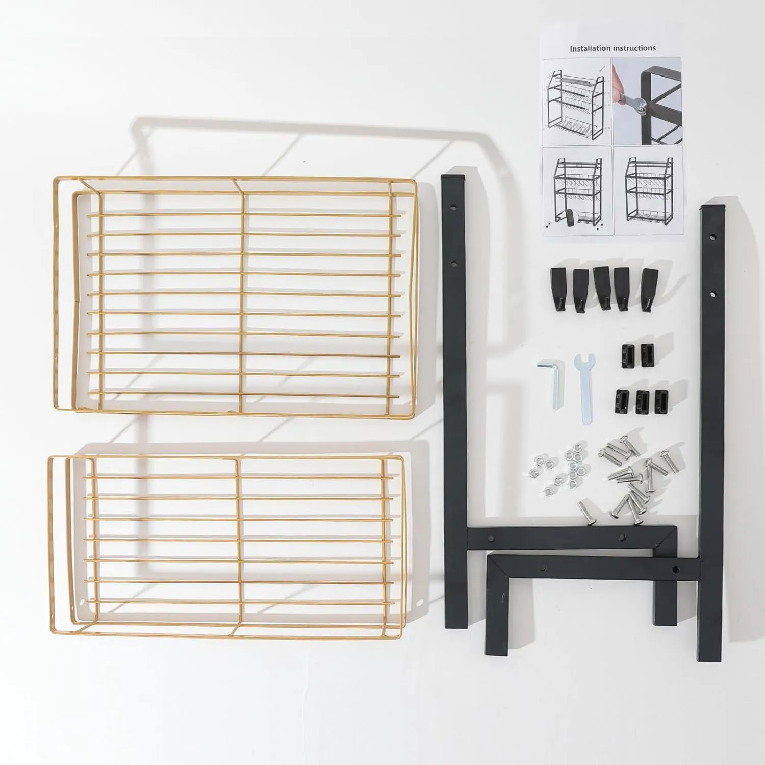 Kuber Industries 2-Layer Dish Drying Rack|Storage Rack for Kitchen Counter|Drainboard & Cutting Board Holder|Premium Utensils Basket Pack of 5 (Black & Gold)