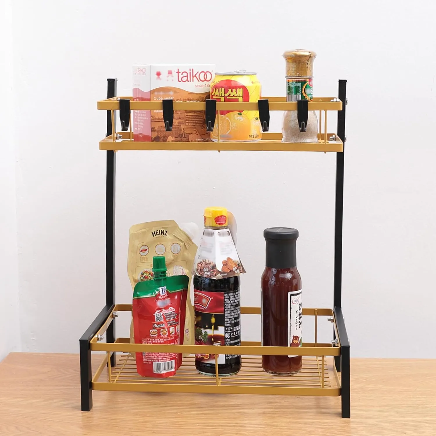 Kuber Industries 2-Layer Dish Drying Rack|Storage Rack for Kitchen Counter|Drainboard & Cutting Board Holder|Premium Utensils Basket Pack of 5 (Black & Gold)