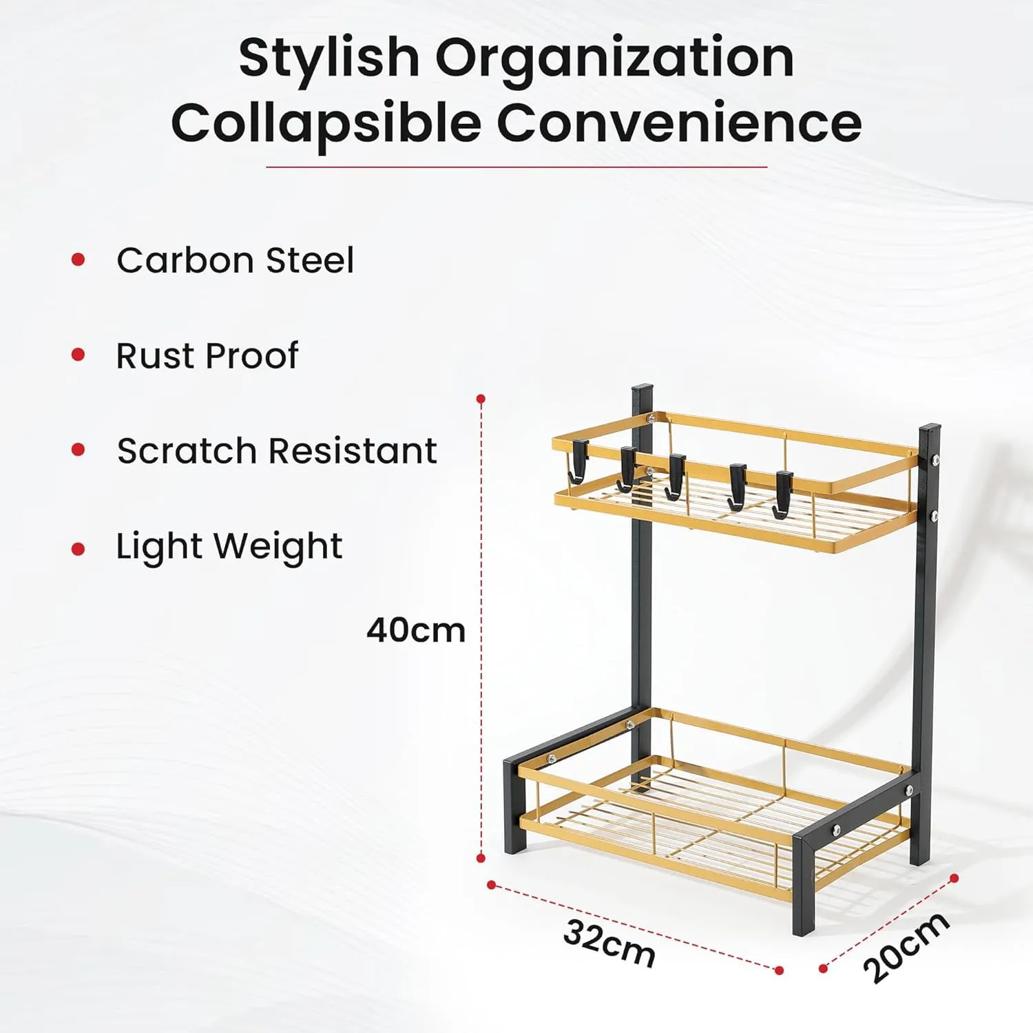 Kuber Industries 2-Layer Dish Drying Rack|Storage Rack for Kitchen Counter|Drainboard & Cutting Board Holder|Premium Utensils Basket Pack of 5 (Black & Gold)