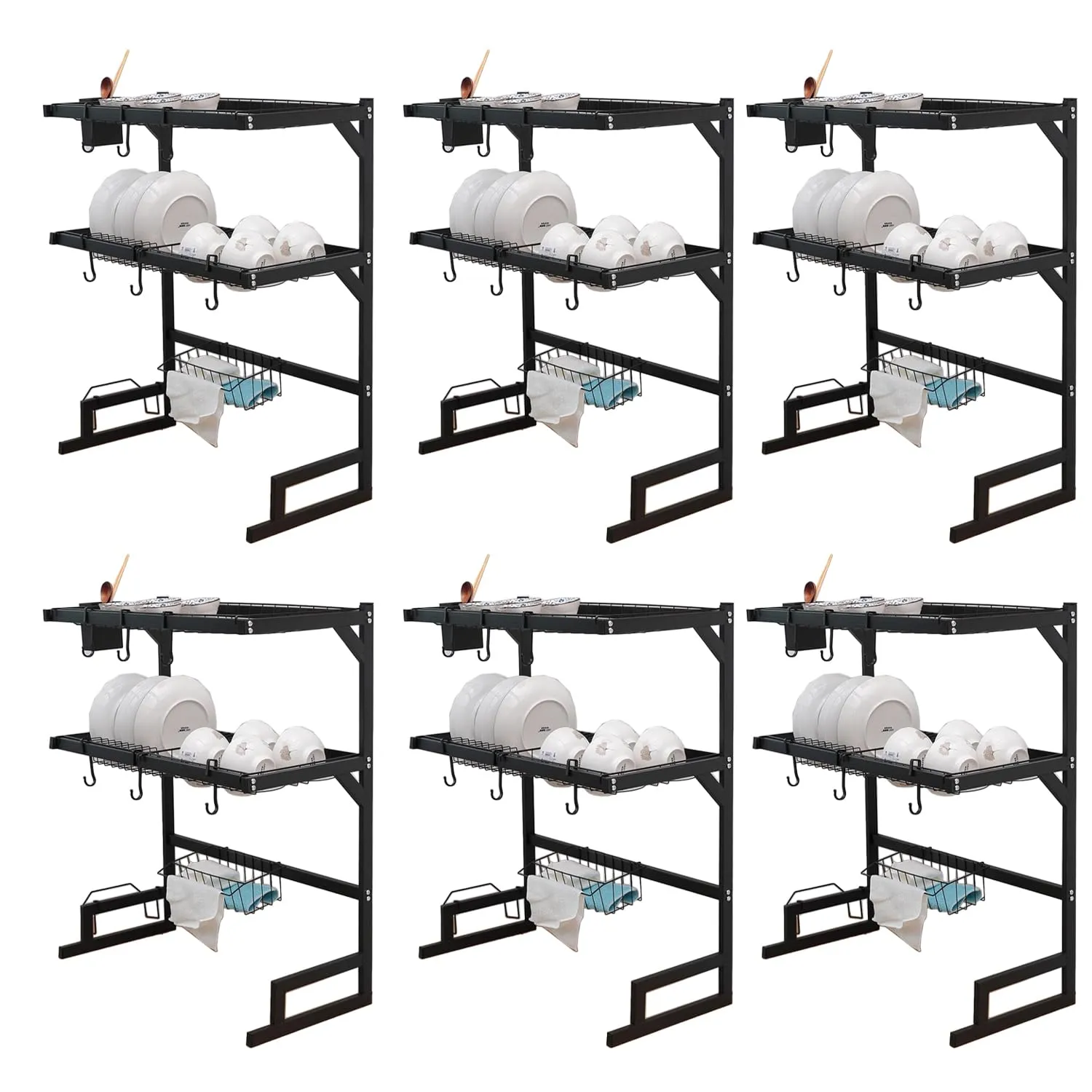 Kuber Industries 2-Layer Dish Drying Rack|Storage Rack for Kitchen Counter|Drainboard & Cutting Board Holder|Premium Utensils Basket Pack of 6 (Black)