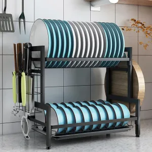 Kuber Industries 2-Layer Dish Drying Rack|Storage Rack for Kitchen Counter|Drainboard & Cutting Board Holder|Premium Utensils Basket|Free Mounting (Black)