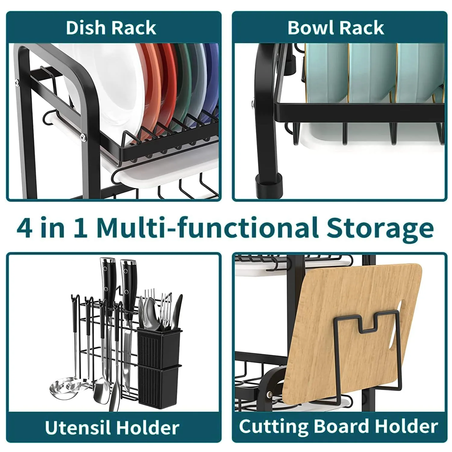 Kuber Industries 2-Layer Dish Drying Rack|Storage Rack for Kitchen Counter|Drainboard & Cutting Board Holder|Premium Utensils Basket|Free Mounting (Black)