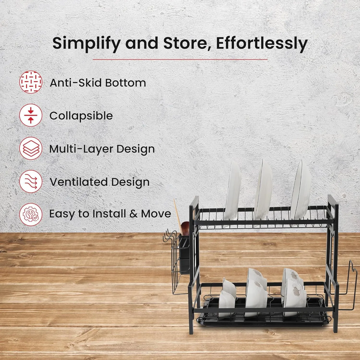 Kuber Industries 2-Layer Dish Drying Rack|Storage Rack for Kitchen Counter|Drainboard & Cutting Board Holder|Premium Utensils Basket|Free Mounting (Black)