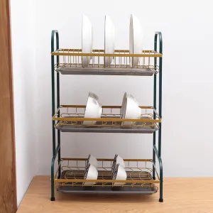 Kuber Industries 3-Layer Dish Drying Rack|Storage Rack for Kitchen Counter|Drainboard & Cutting Board Holder|Premium Utensils Basket (Dark Green & Gold)