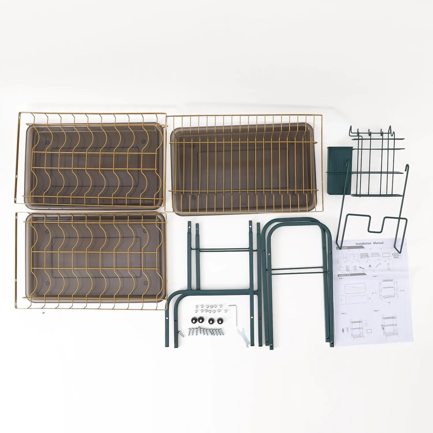 Kuber Industries 3-Layer Dish Drying Rack|Storage Rack for Kitchen Counter|Drainboard & Cutting Board Holder|Premium Utensils Basket (Dark Green & Gold)