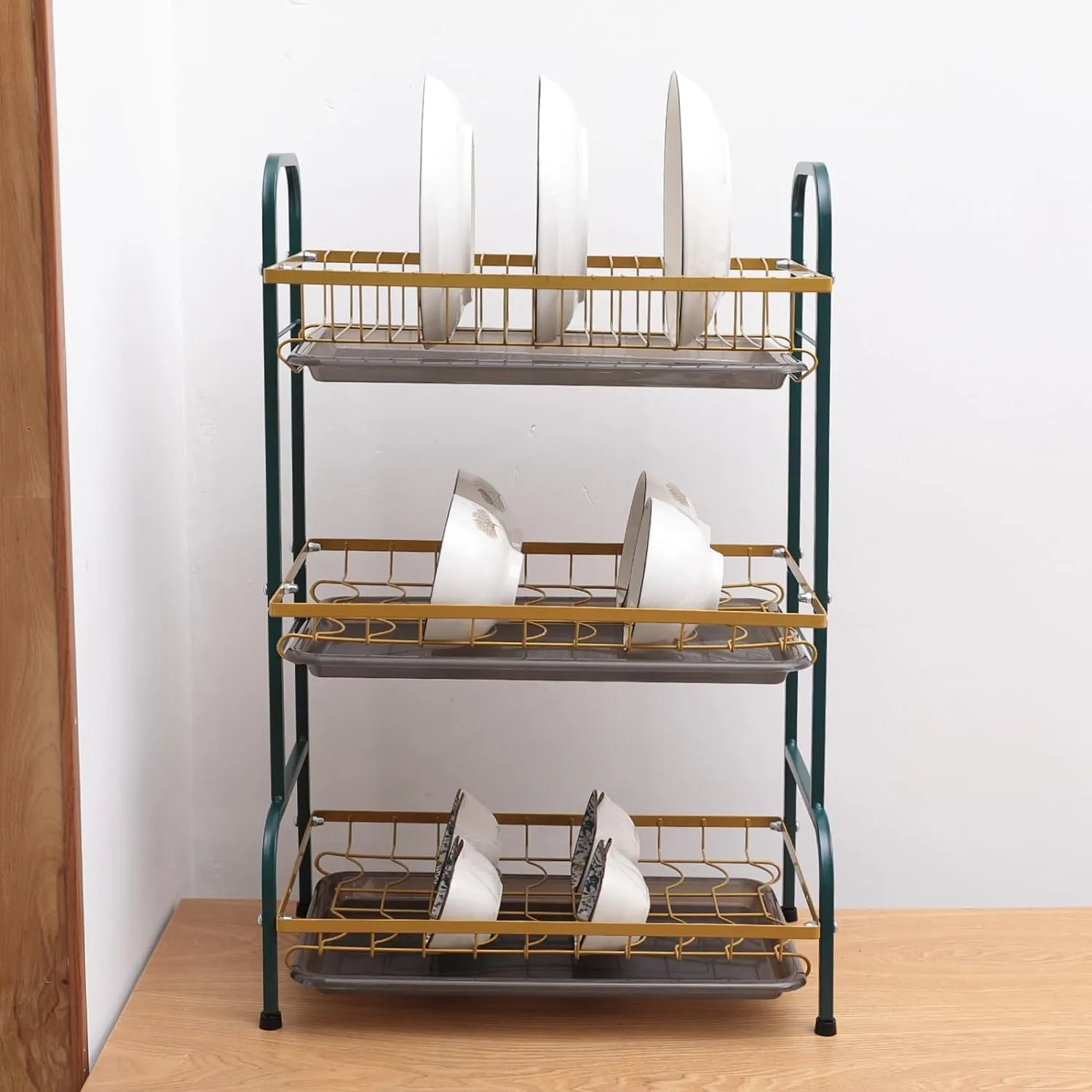 Kuber Industries 3-Layer Dish Drying Rack|Storage Rack for Kitchen Counter|Drainboard & Cutting Board Holder|Premium Utensils Basket (Dark Green & Gold)