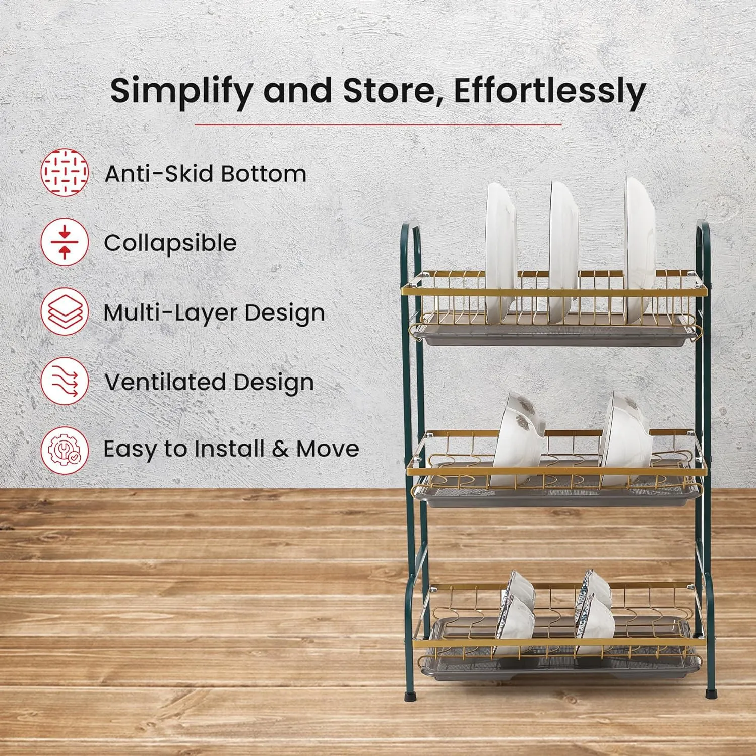 Kuber Industries 3-Layer Dish Drying Rack|Storage Rack for Kitchen Counter|Drainboard & Cutting Board Holder|Premium Utensils Basket (Dark Green & Gold)