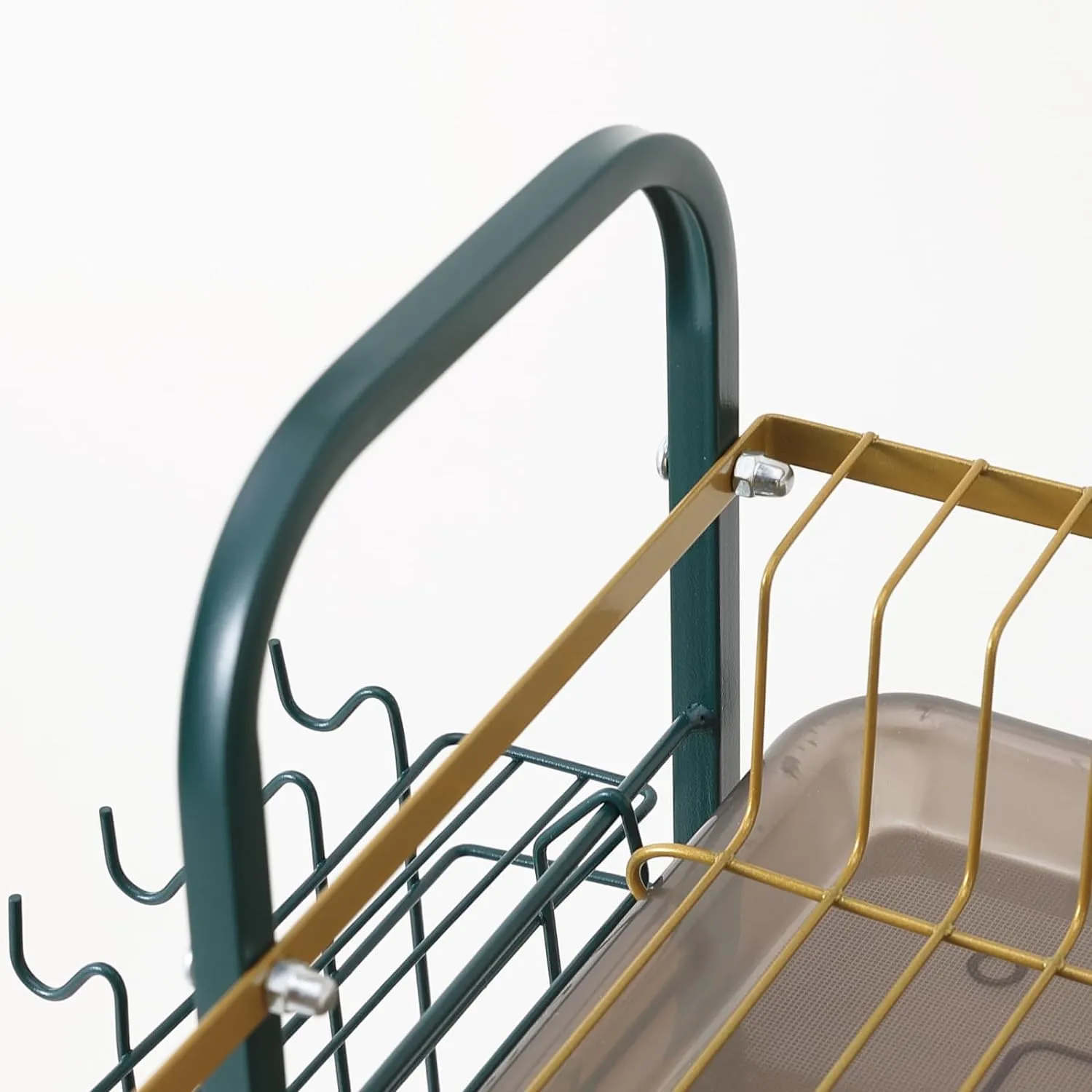 Kuber Industries 3-Layer Dish Drying Rack|Storage Rack for Kitchen Counter|Drainboard & Cutting Board Holder|Premium Utensils Basket (Dark Green & Gold)
