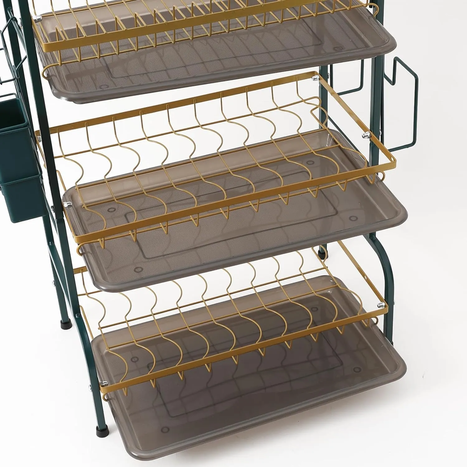 Kuber Industries 3-Layer Dish Drying Rack|Storage Rack for Kitchen Counter|Drainboard & Cutting Board Holder|Premium Utensils Basket (Dark Green & Gold)