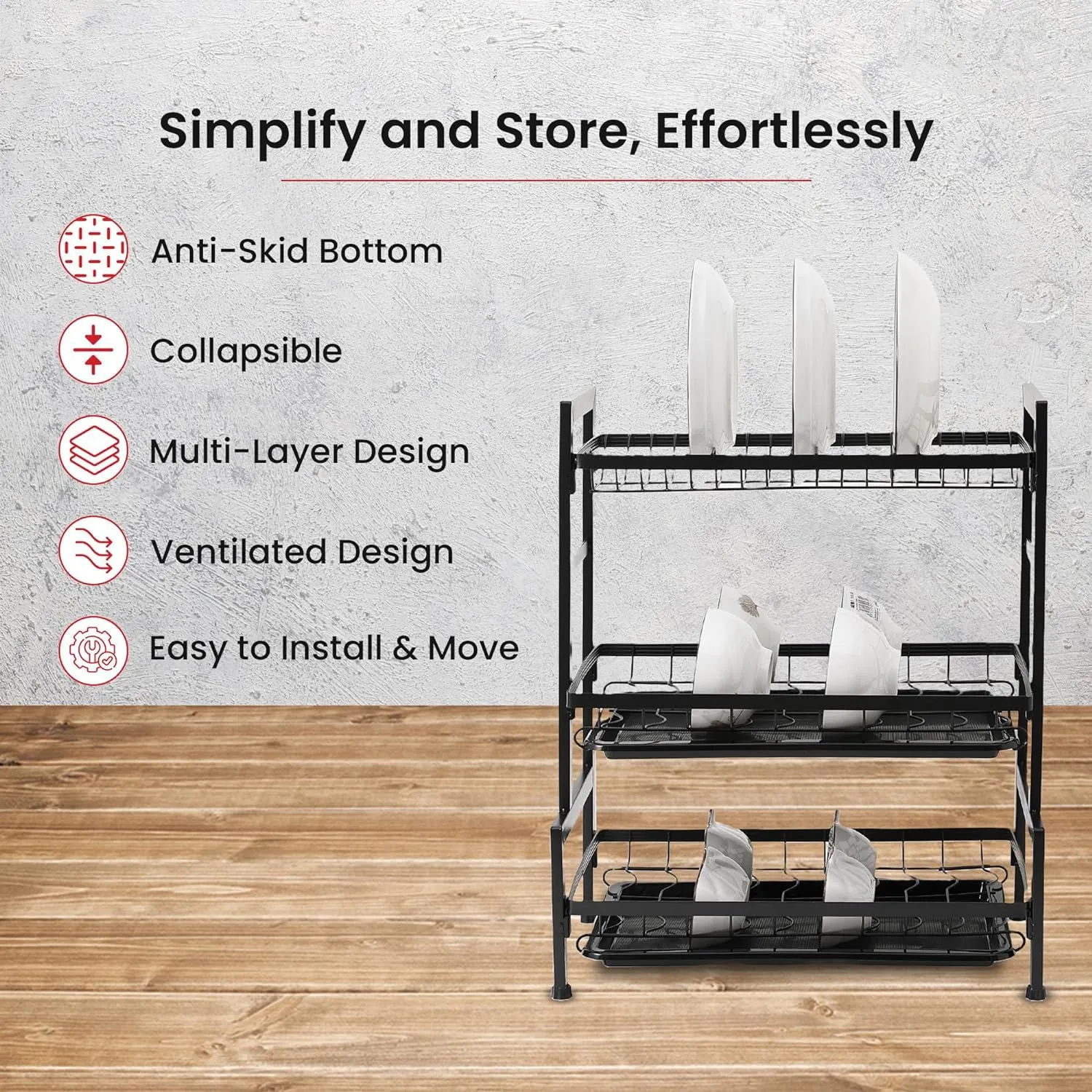 Kuber Industries 3-Layer Dish Drying Rack|Storage Rack for Kitchen Counter|Drainboard & Cutting Board Holder|Premium Utensils Basket|Free Mounting Pack of 6 (Black)