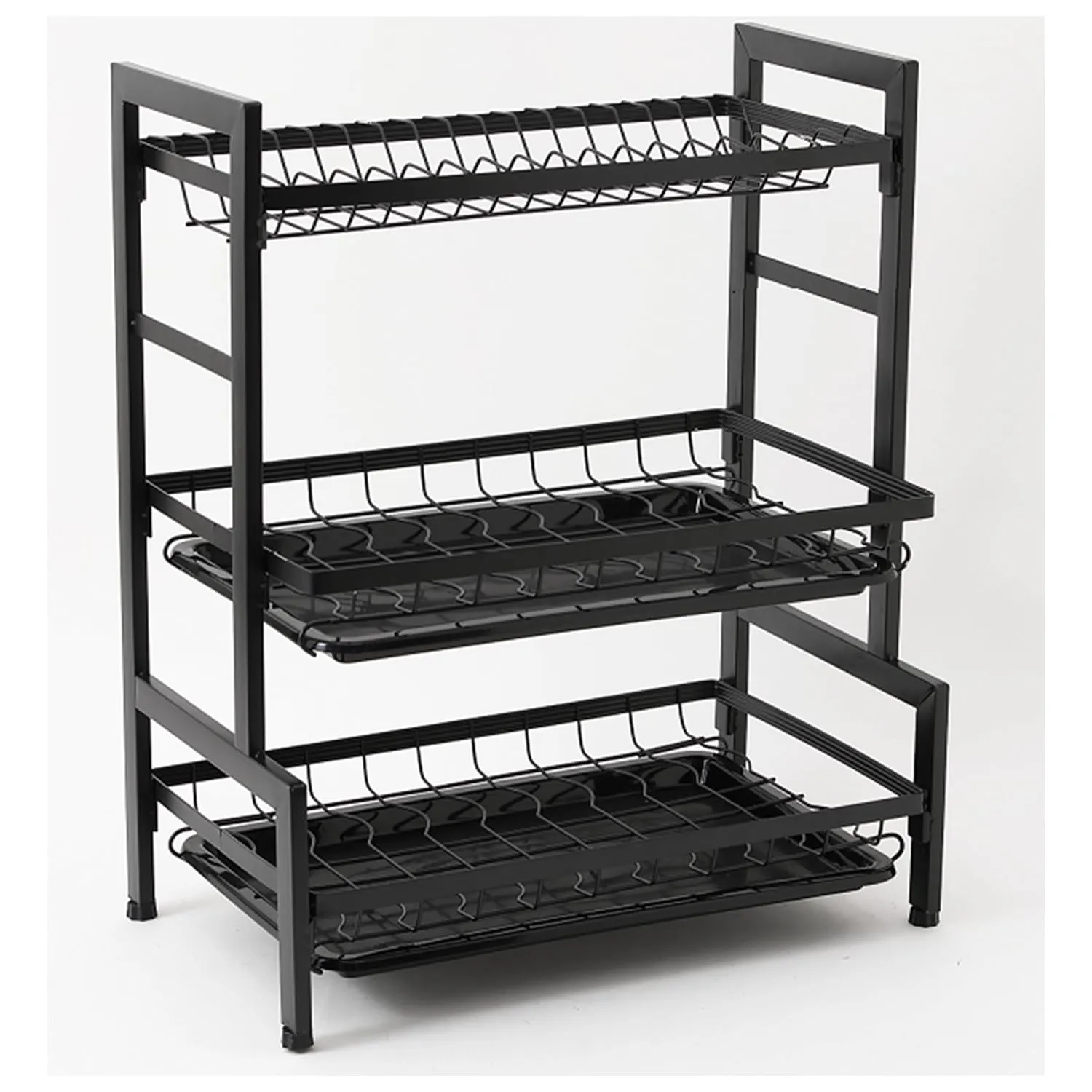 Kuber Industries 3-Layer Dish Drying Rack|Storage Rack for Kitchen Counter|Drainboard & Cutting Board Holder|Premium Utensils Basket|Free Mounting Pack of 6 (Black)