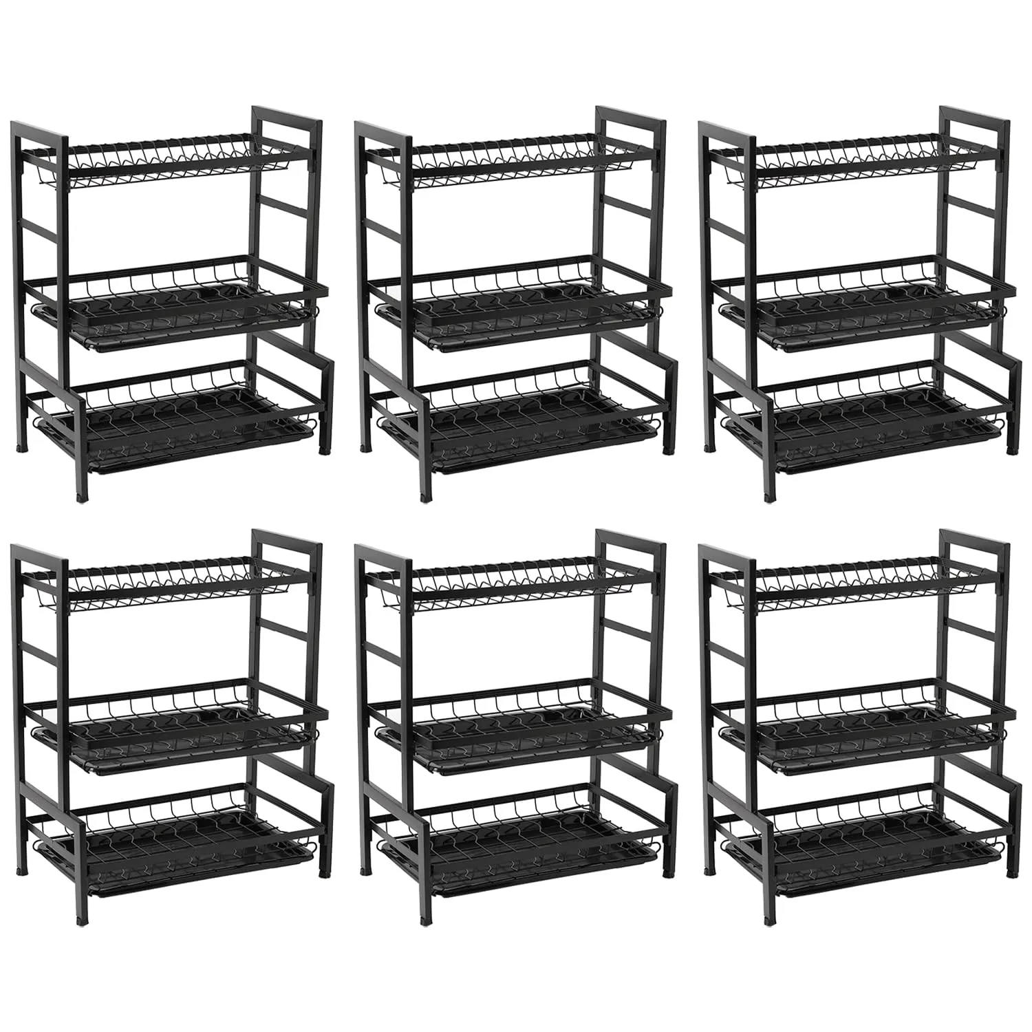 Kuber Industries 3-Layer Dish Drying Rack|Storage Rack for Kitchen Counter|Drainboard & Cutting Board Holder|Premium Utensils Basket|Free Mounting Pack of 6 (Black)