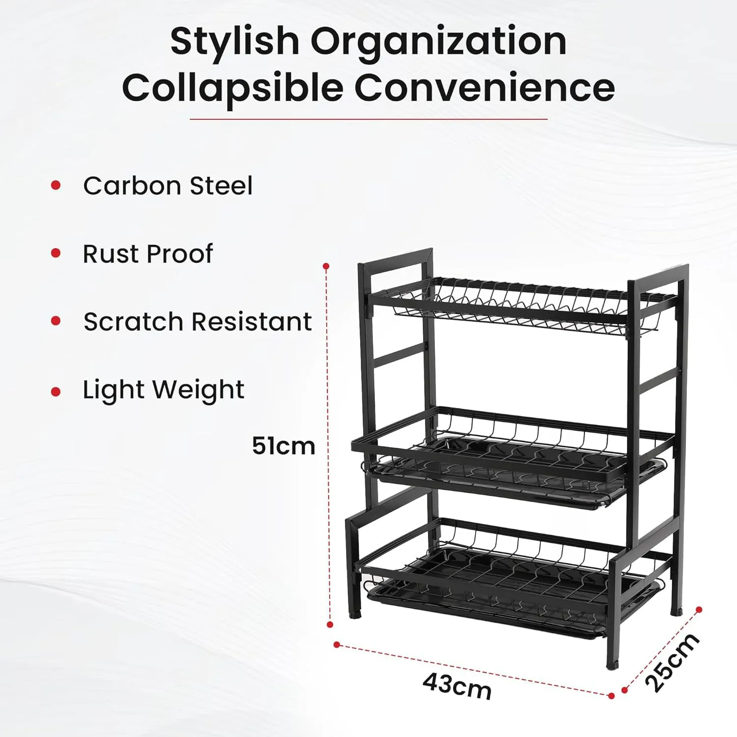 Kuber Industries 3-Layer Dish Drying Rack|Storage Rack for Kitchen Counter|Drainboard & Cutting Board Holder|Premium Utensils Basket|Free Mounting Pack of 6 (Black)