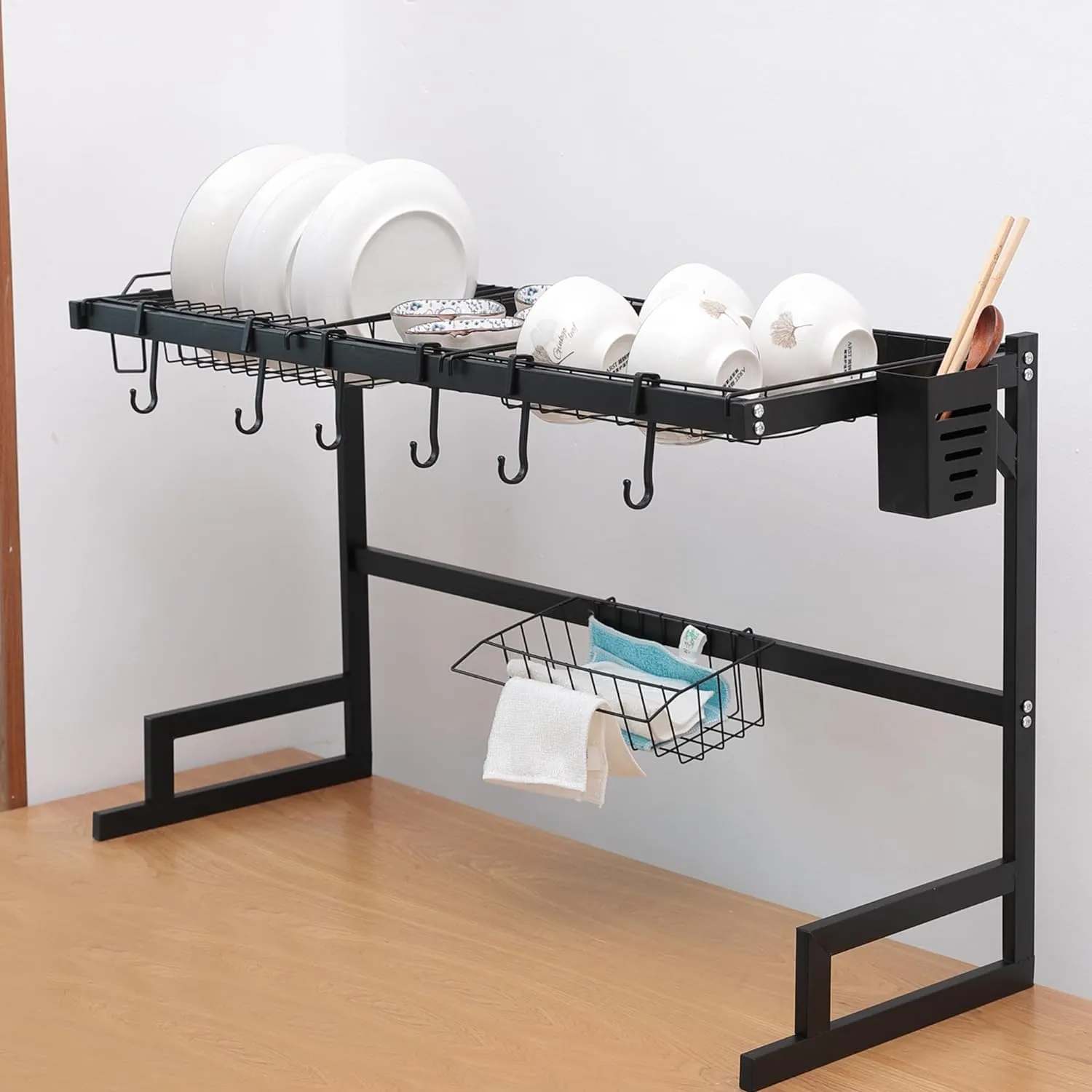 Kuber Industries Dish Drying Rack|Storage Rack for Kitchen Counter|Drainboard & Cutting Board Holder|Premium Utensils Basket Pack of 5 (Black)