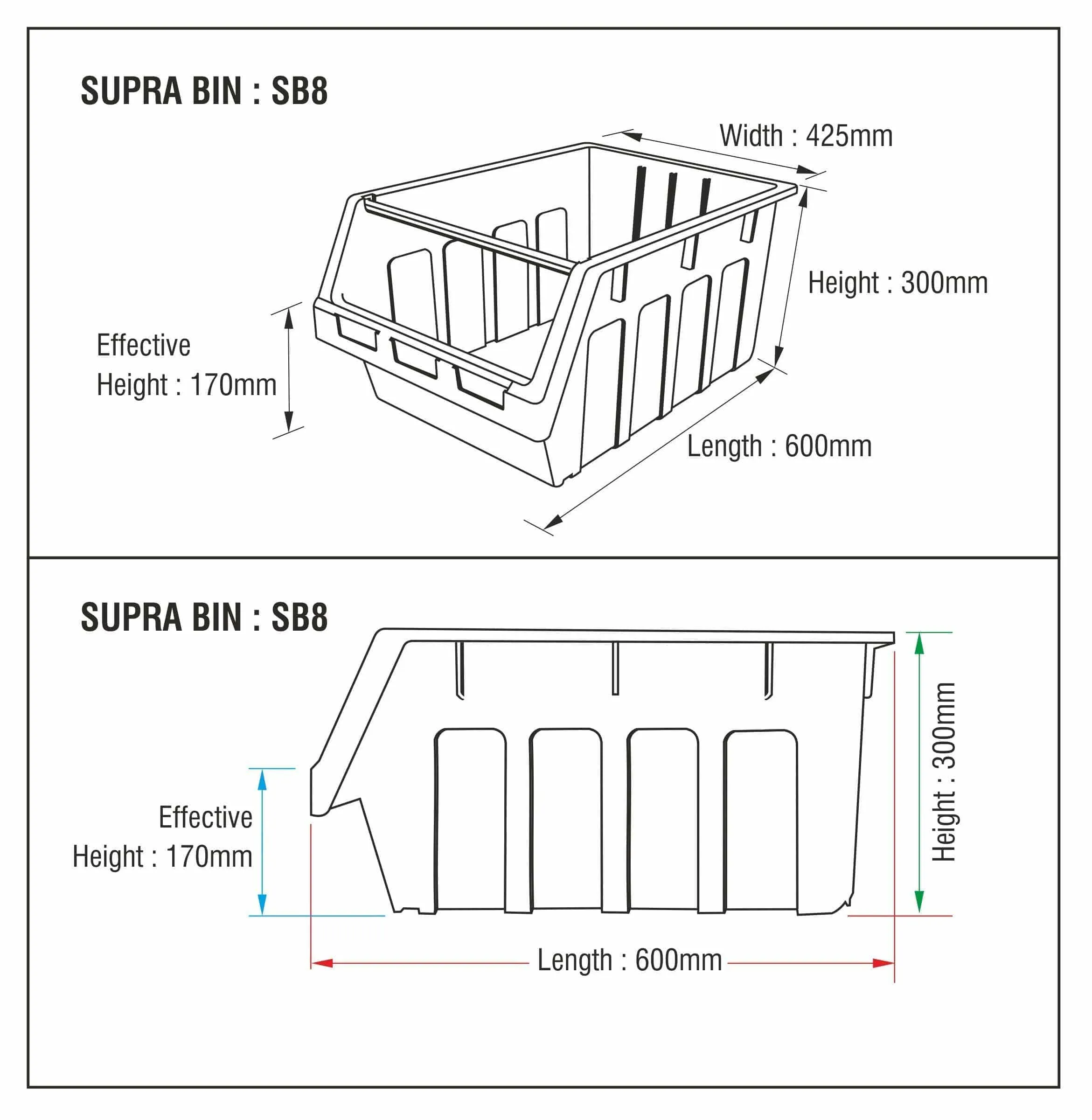 Large Stack & Nest Bin Supra 8 Stacking Storage Bin - Black