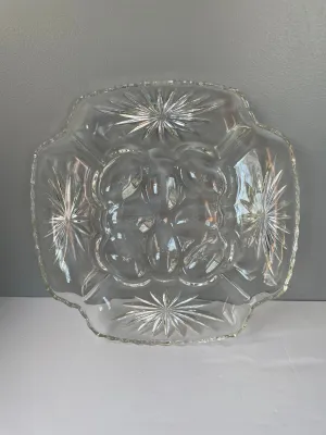 <€€ Vintage Deviled Egg Divided Relish Glass Serving Tray  Starburst Ruffled Edge Anchor Hocking