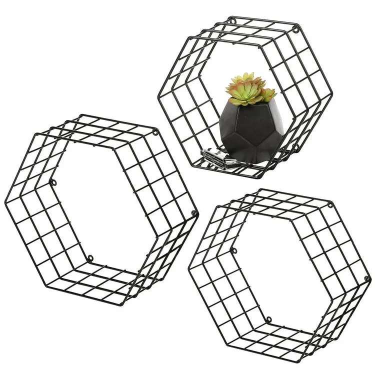 Metal Wire Hexagon Design Wall-Mounted Shelves, Set of 3, Black