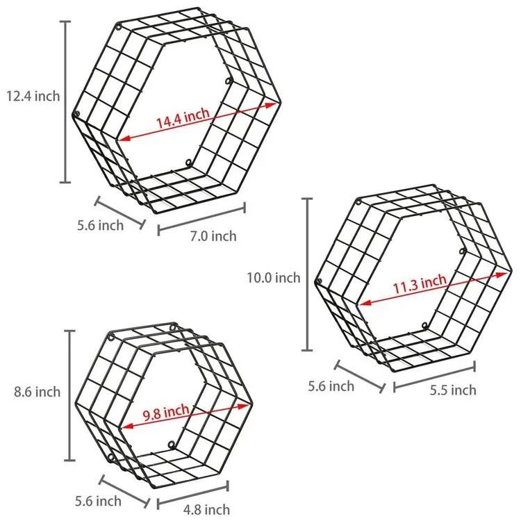 Metal Wire Hexagon Design Wall-Mounted Shelves, Set of 3, Black
