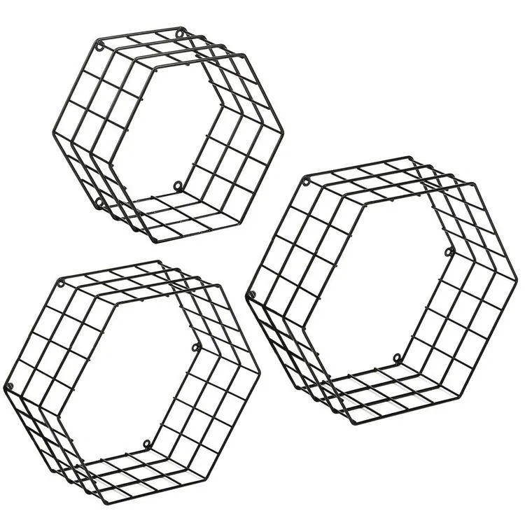 Metal Wire Hexagon Design Wall-Mounted Shelves, Set of 3, Black