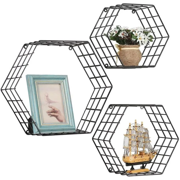 Metal Wire Hexagon Design Wall-Mounted Shelves, Set of 3, Black