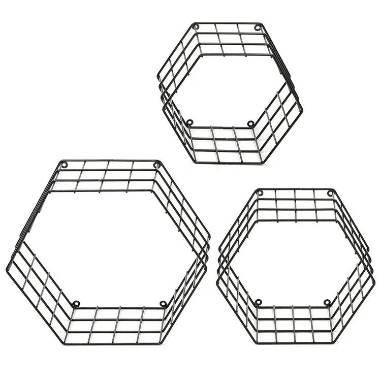 Metal Wire Hexagon Design Wall-Mounted Shelves, Set of 3, Black