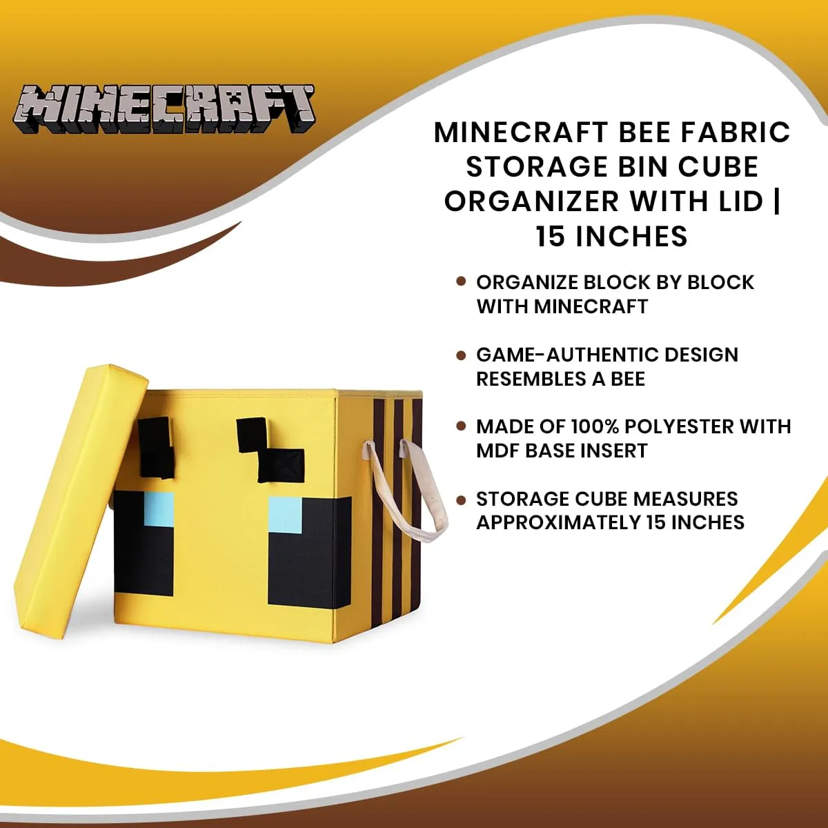 Minecraft Bee Fabric Storage Bin Cube Organizer with Lid | 15 Inches