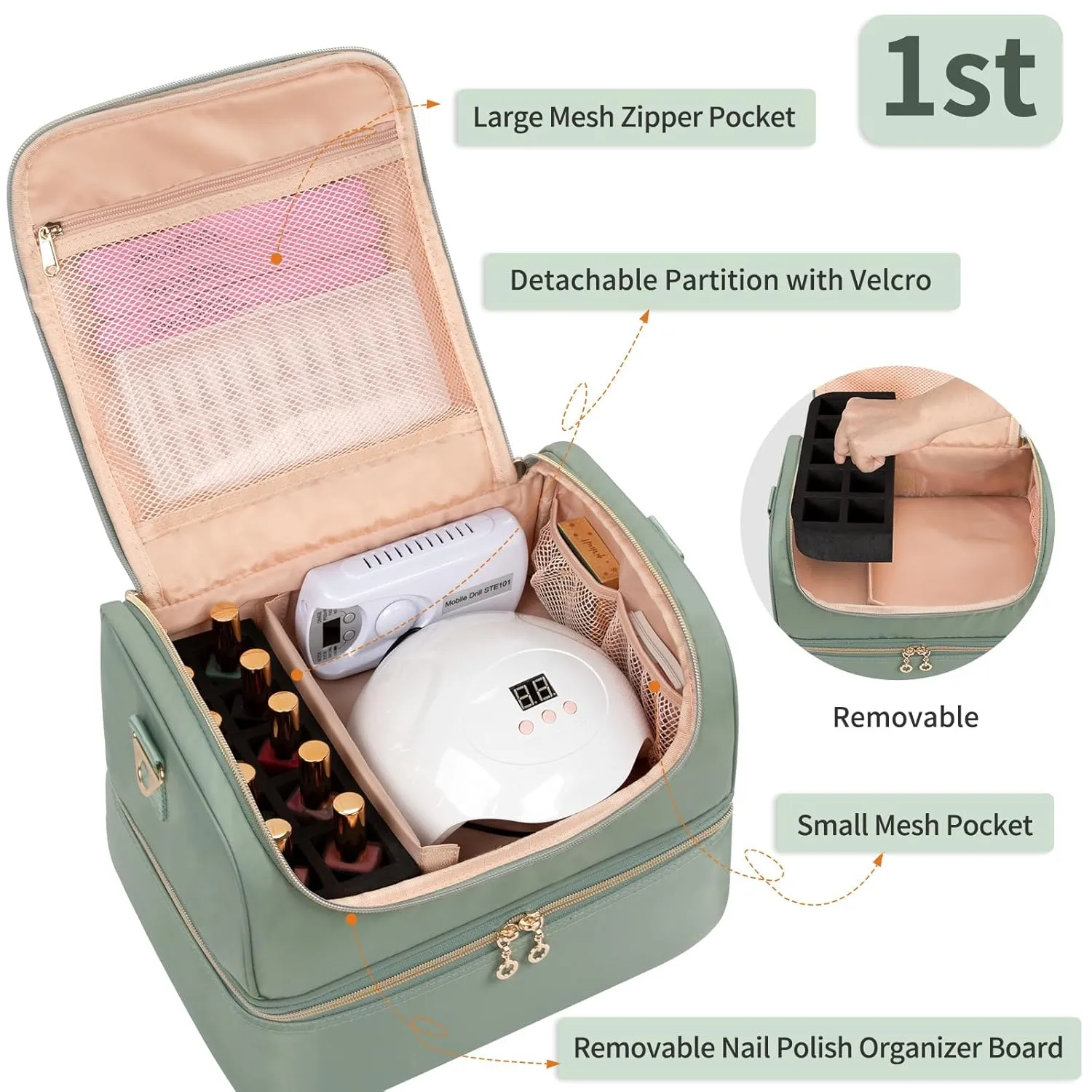 Nail Polish Organizer Case, Holds 45 Bottles Nail Polish & Nail Lamp