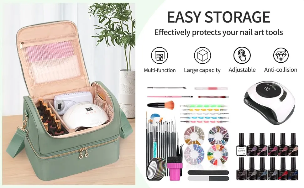 Nail Polish Organizer Case, Holds 45 Bottles Nail Polish & Nail Lamp