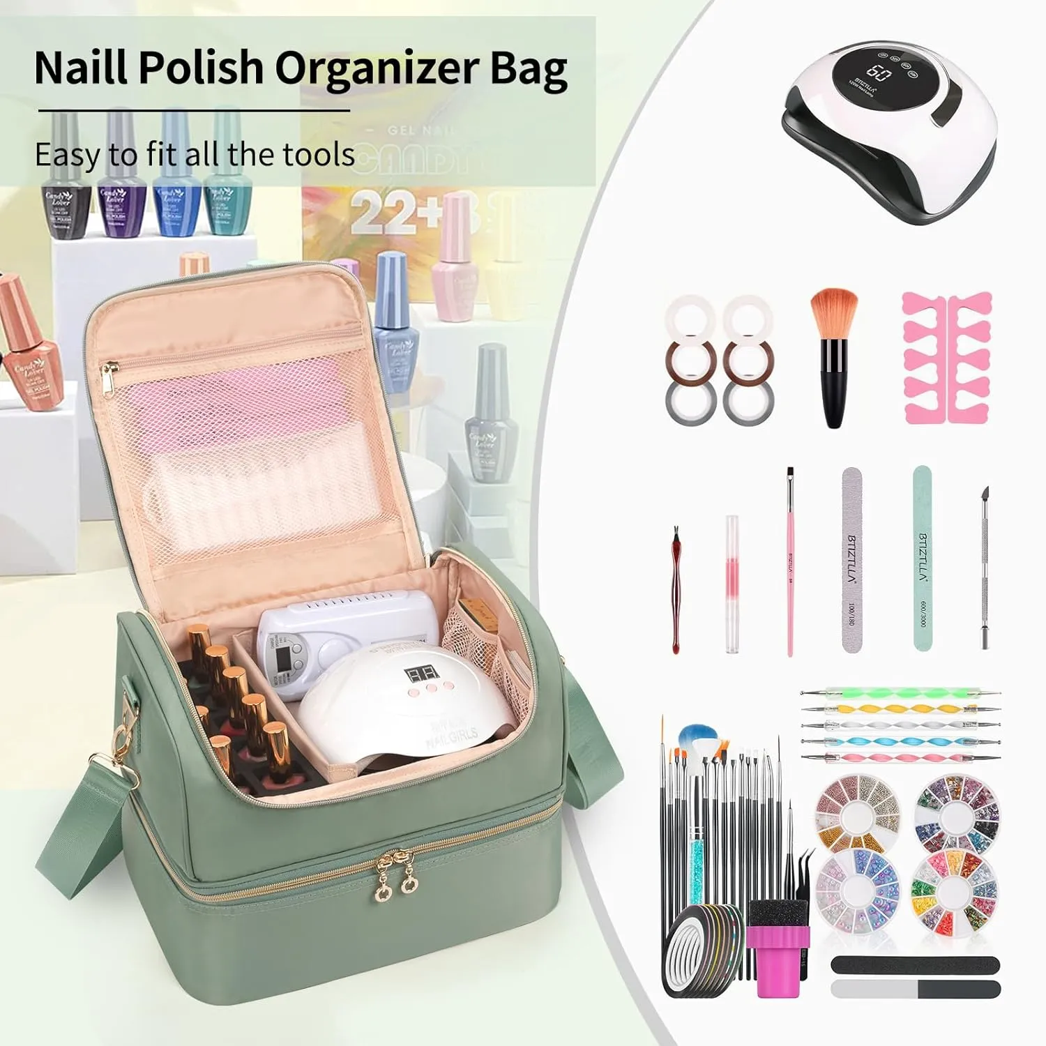Nail Polish Organizer Case, Holds 45 Bottles Nail Polish & Nail Lamp