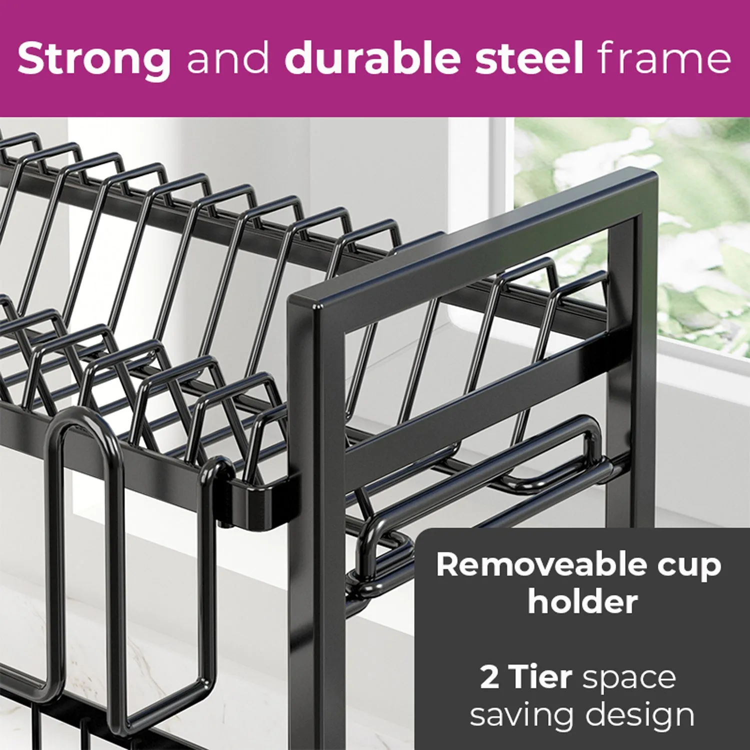Neo Black 2 Tier Dish Drying Rack with Drip Tray and Drainage Spout
