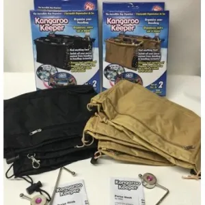 New Deluxe 6 Piece Kangaroo Keeper Set! Includes 2 Black & 2 Purse/Tan bag organizers   2 bag hooks to hang your bag anywhere but the floor!