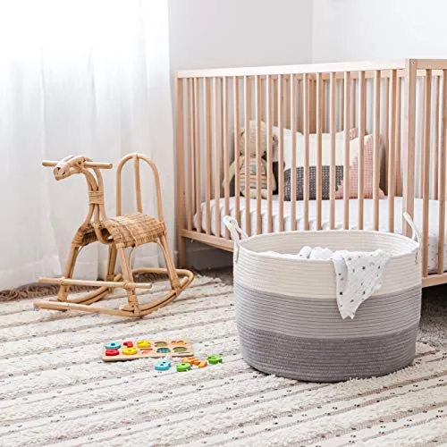 OrganiHaus XXL Cotton Rope Basket | Wide 20" x 13.3" Blanket Storage Basket with Long Handles | Decorative Clothes Hamper Basket | Extra Large Baskets for Blankets Pillows or Laundry (Gray)