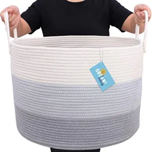OrganiHaus XXL Cotton Rope Basket | Wide 20" x 13.3" Blanket Storage Basket with Long Handles | Decorative Clothes Hamper Basket | Extra Large Baskets for Blankets Pillows or Laundry (Gray)