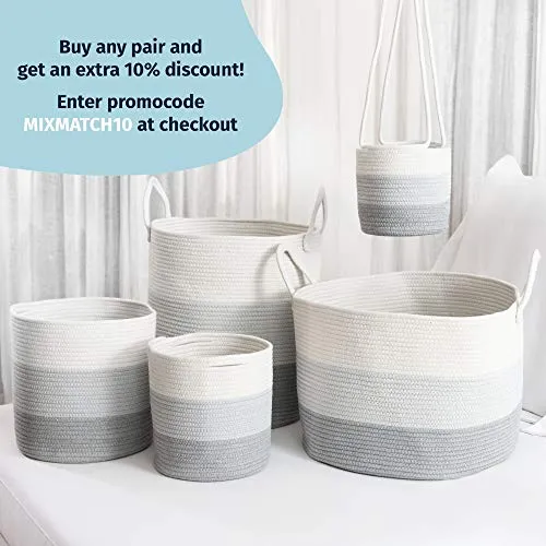 OrganiHaus XXL Cotton Rope Basket | Wide 20" x 13.3" Blanket Storage Basket with Long Handles | Decorative Clothes Hamper Basket | Extra Large Baskets for Blankets Pillows or Laundry (Gray)
