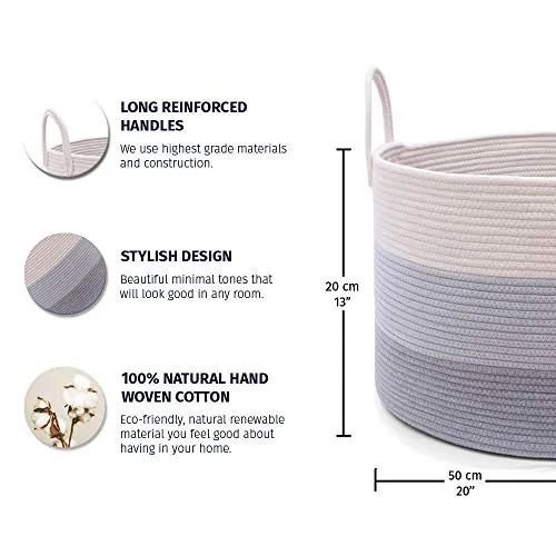OrganiHaus XXL Cotton Rope Basket | Wide 20" x 13.3" Blanket Storage Basket with Long Handles | Decorative Clothes Hamper Basket | Extra Large Baskets for Blankets Pillows or Laundry (Gray)