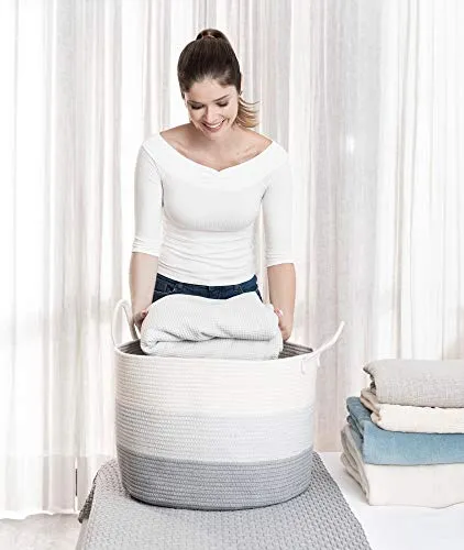 OrganiHaus XXL Cotton Rope Basket | Wide 20" x 13.3" Blanket Storage Basket with Long Handles | Decorative Clothes Hamper Basket | Extra Large Baskets for Blankets Pillows or Laundry (Gray)